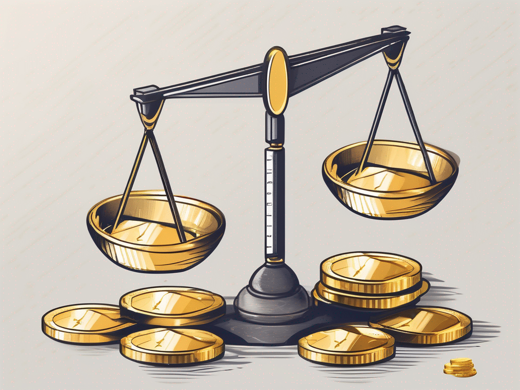 A scale balancing a domain icon on one side and a pile of gold coins on the other