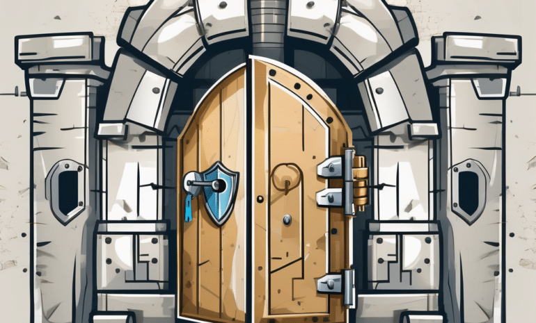 A wordpress logo turned into a fortress with a lock on the door