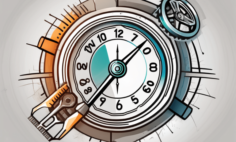 A wordpress emblem entangled with a speedometer
