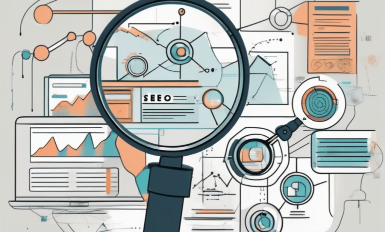 A magnifying glass hovering over a webpage with various seo elements such as keywords