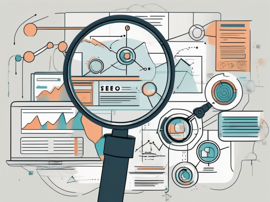 A magnifying glass hovering over a webpage with various seo elements such as keywords