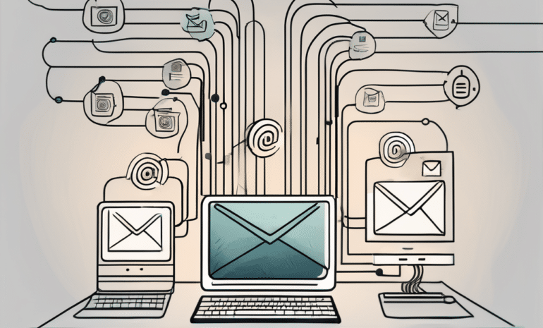 A computer server connected to various email icons