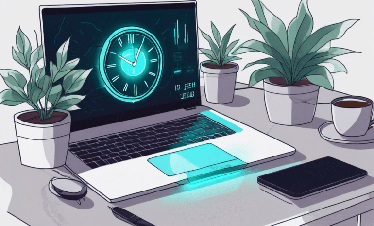 A futuristic laptop with a glowing screen