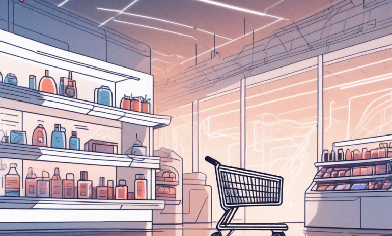A futuristic digital storefront with various elements like a shopping cart