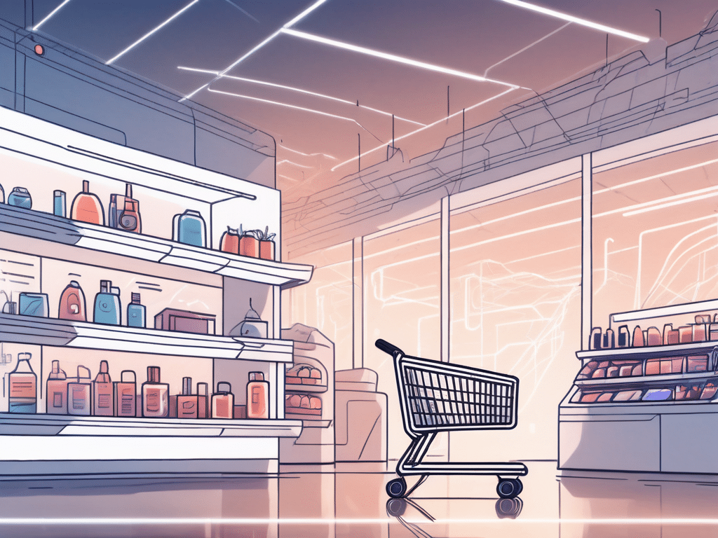 A futuristic digital storefront with various elements like a shopping cart