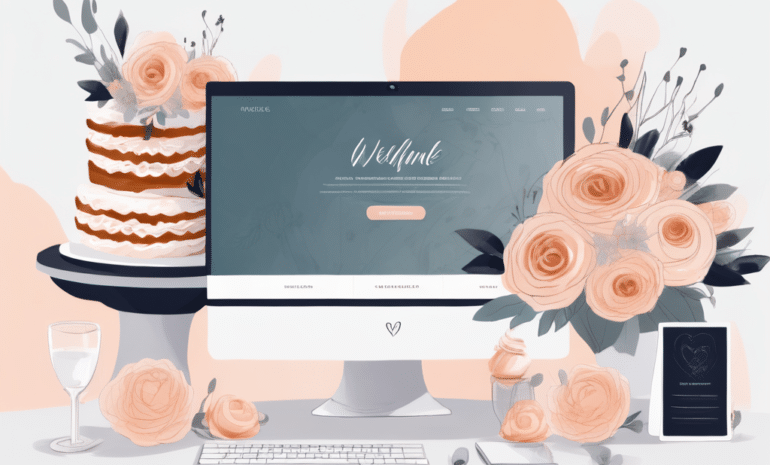 A computer screen displaying a wedding-themed wordpress website layout with elements like a cake