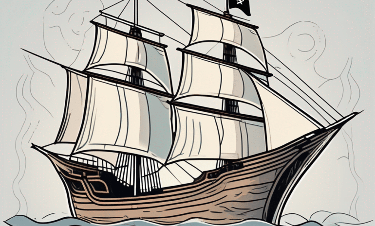A pirate ship with a flag featuring a stylized internet domain icon