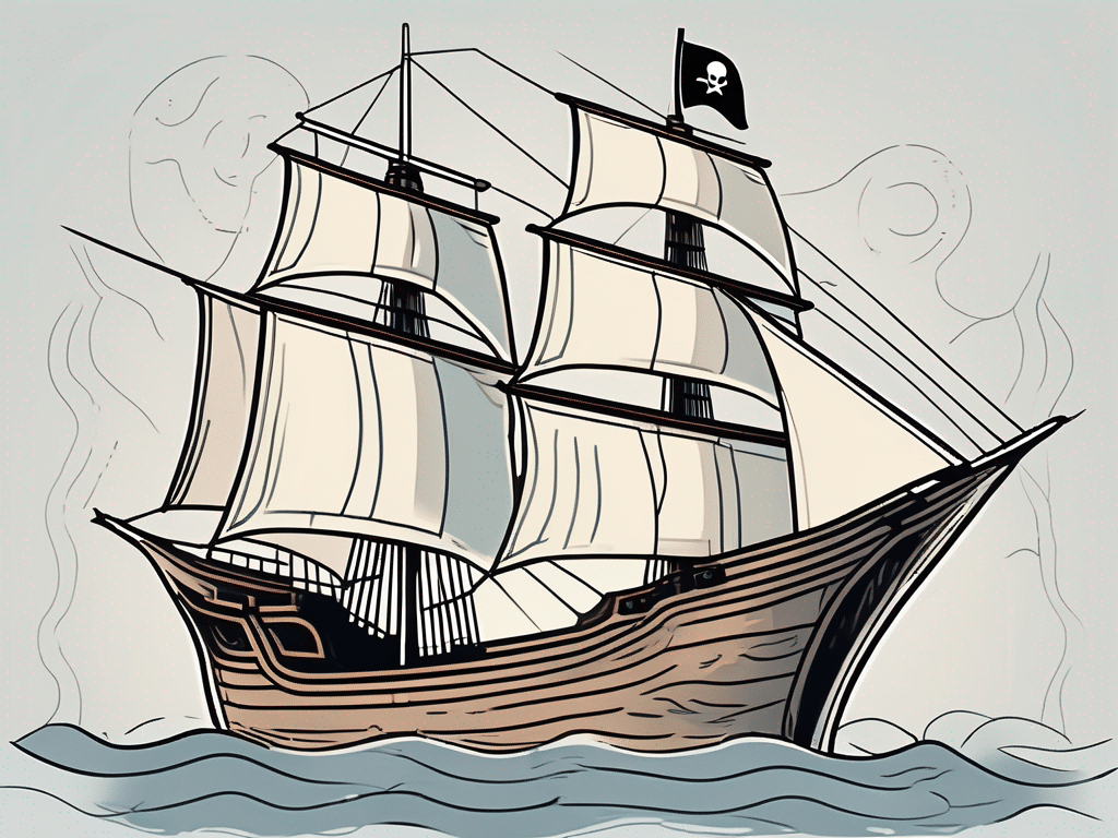 A pirate ship with a flag featuring a stylized internet domain icon