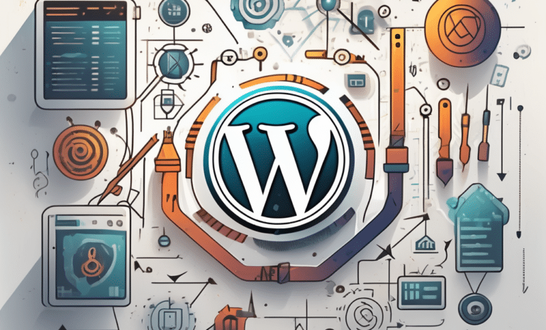 A wordpress symbol surrounded by various coding symbols and tools