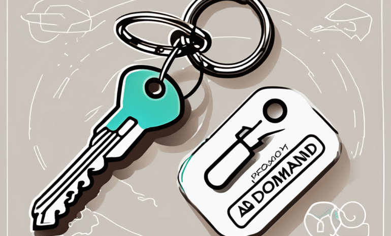A domain name tag attached to a keychain with six key-shaped icons representing the key actions to take after buying a domain name