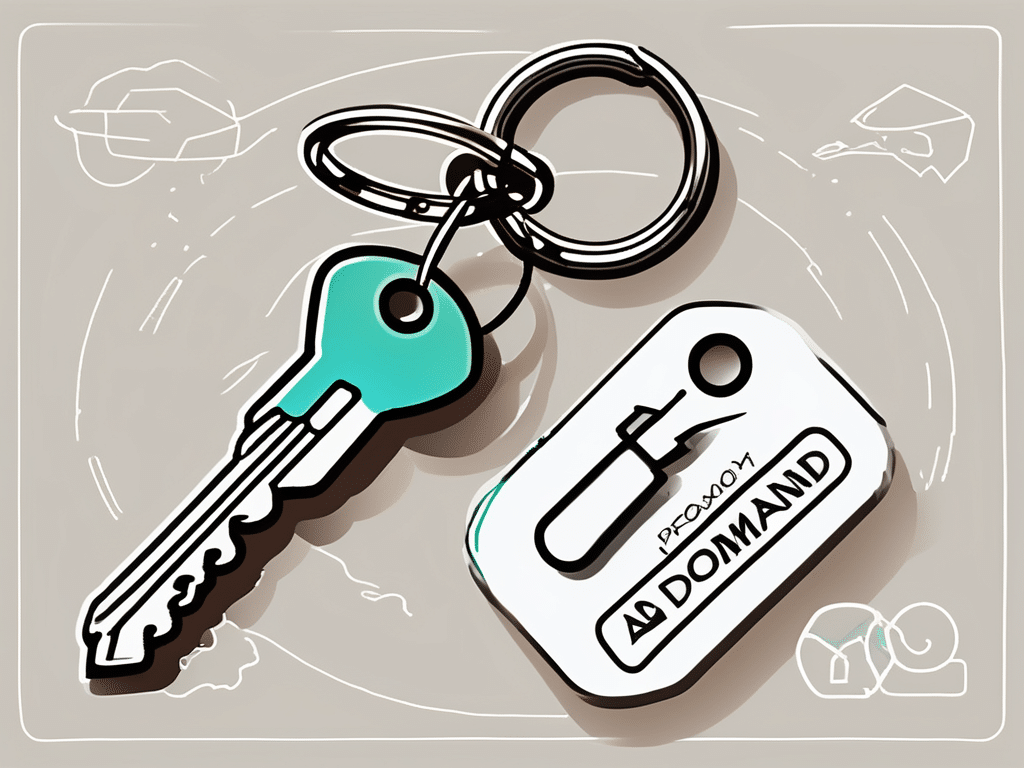 A domain name tag attached to a keychain with six key-shaped icons representing the key actions to take after buying a domain name