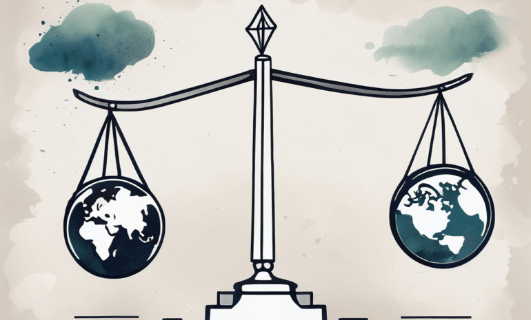 A scale balancing a symbol for a domain (such as a globe or a web) and a brand symbol (like a tag or a crown) to represent the dilemma between which should come first
