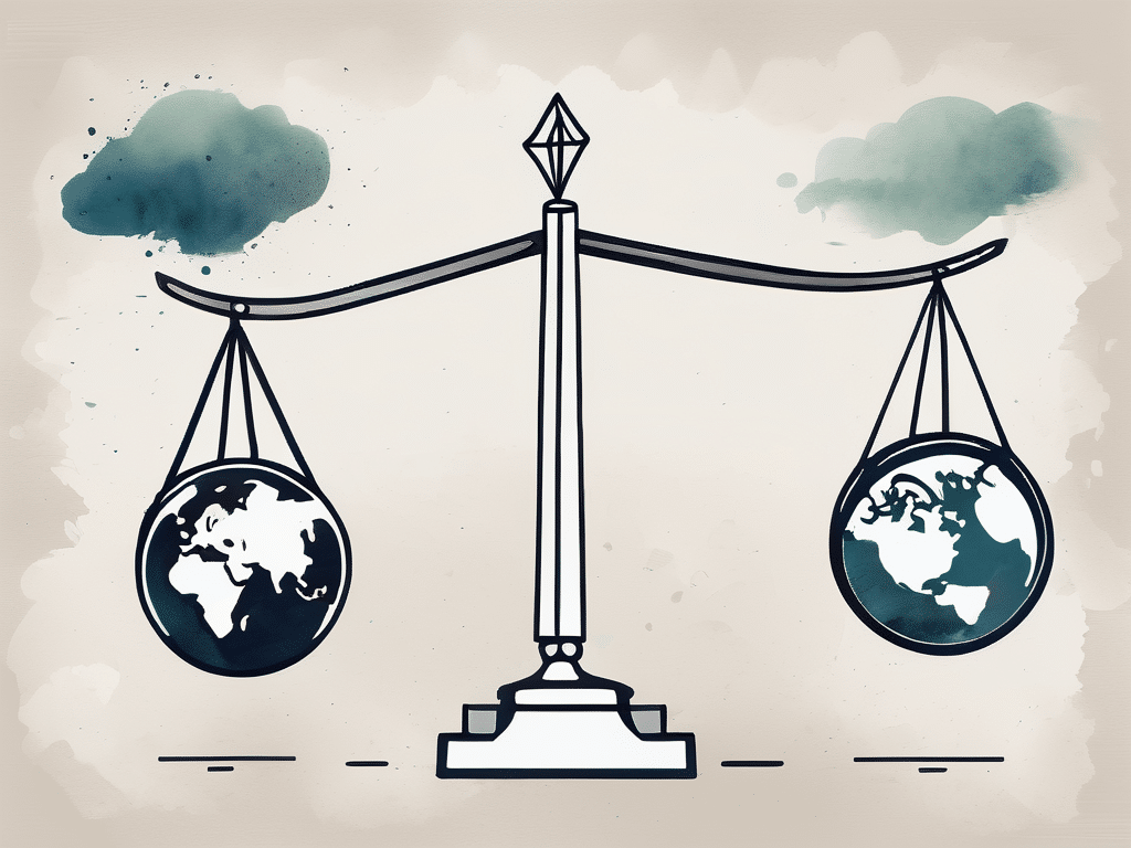 A scale balancing a symbol for a domain (such as a globe or a web) and a brand symbol (like a tag or a crown) to represent the dilemma between which should come first