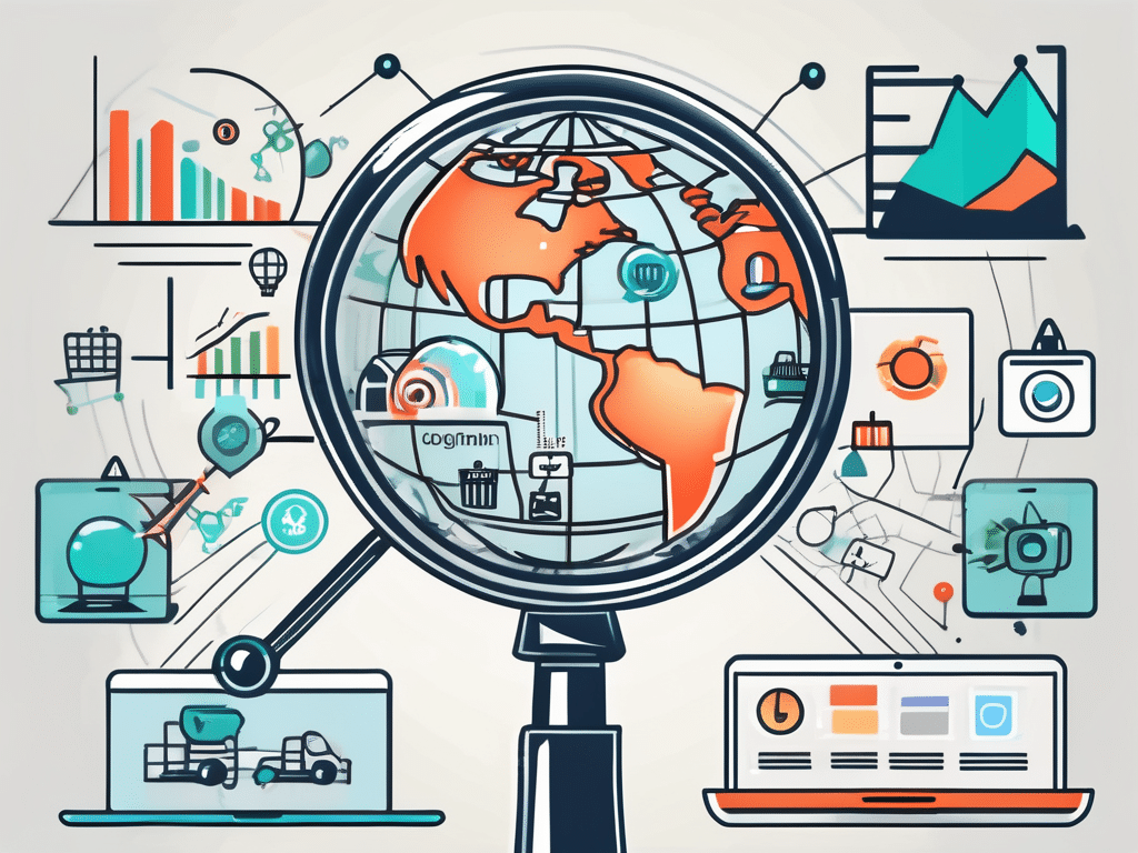 A magnifying glass focusing on a domain name in the center of a globe