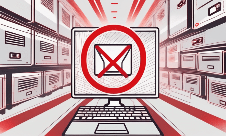 A computer server with a red "prohibited" sign overlaying it