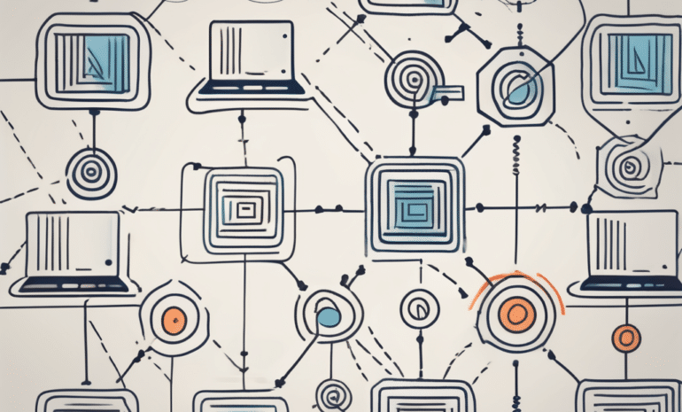 Different types of dns records represented as distinct symbols interconnected in a network configuration