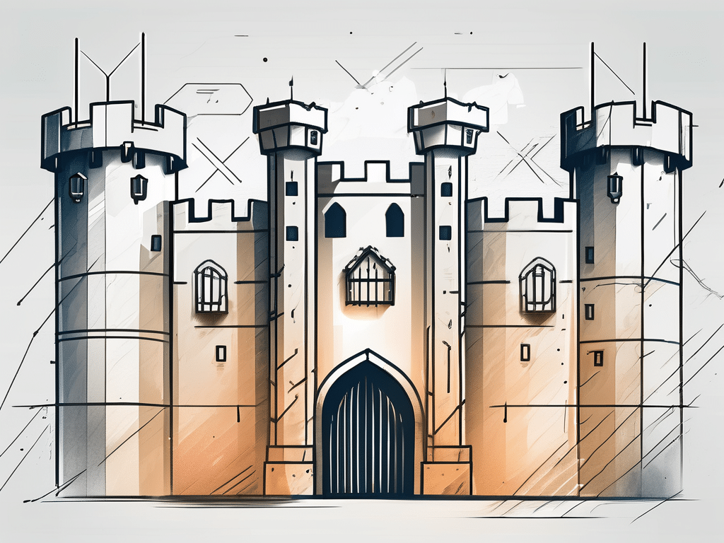 A secured fortress representing whmcs with eight different protective barriers symbolizing the best practices for security in 2024