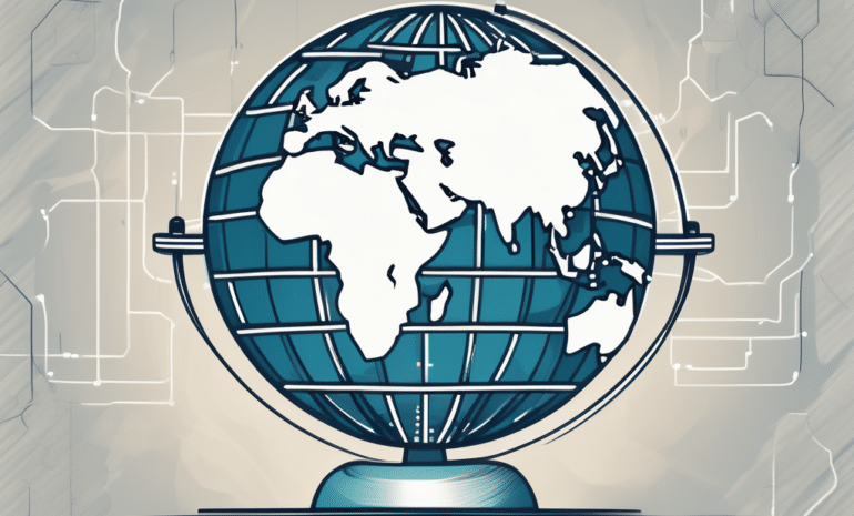 A computer server linked to a stylized globe