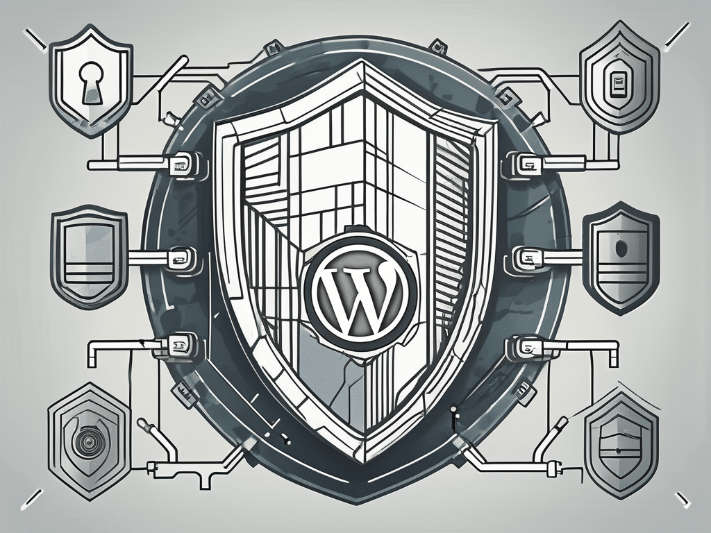 A fortified digital shield surrounded by various security elements like locks