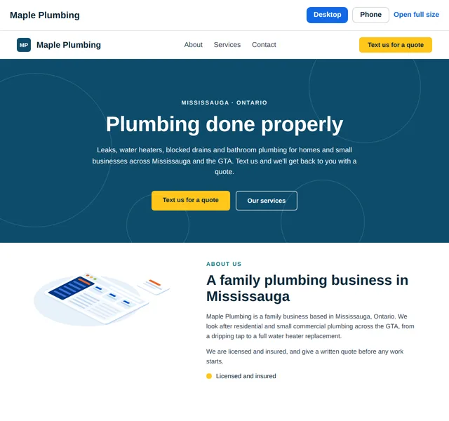 Example of a first draft made with the website builder: a one-page website for a plumbing business