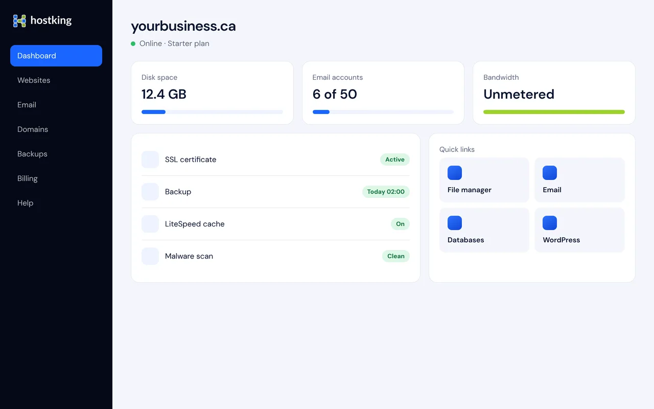 The Hostking hosting dashboard