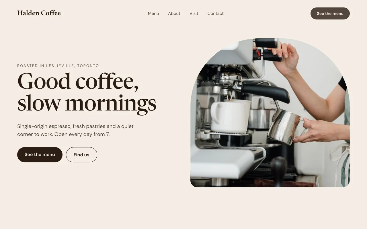 A coffee shop website made with the AI website builder