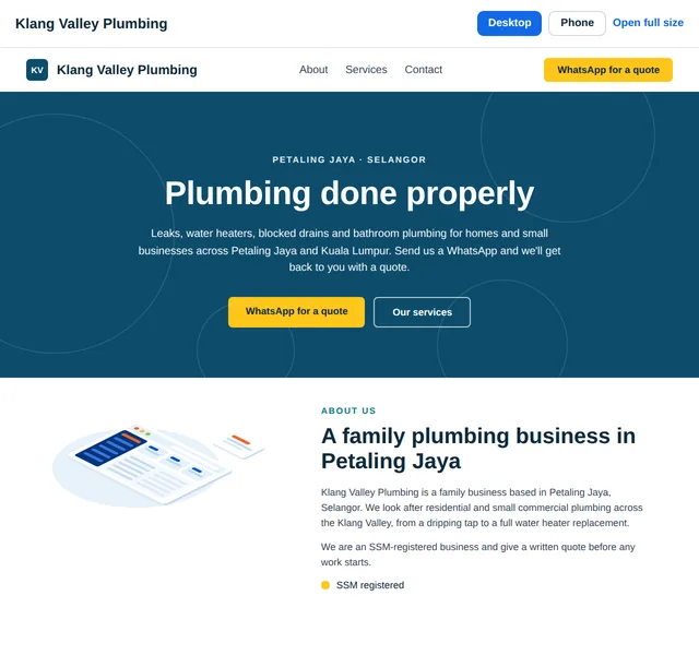 Example of a first draft made with the website builder: a one-page website for a plumbing business