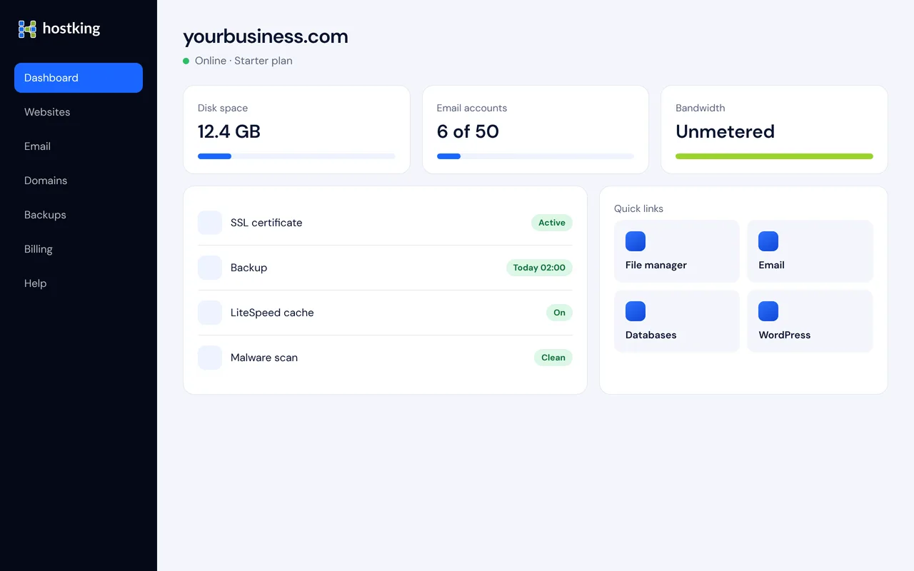The Hostking hosting dashboard