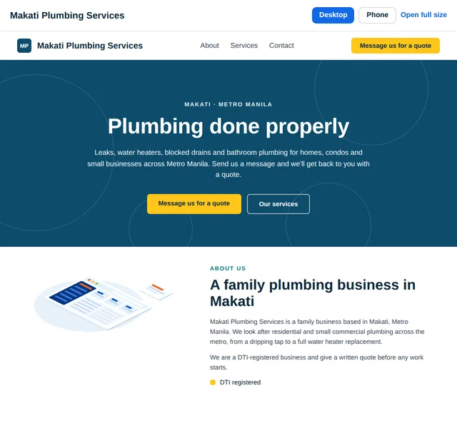 Example of a first draft made with the website builder: a one-page website for a plumbing business