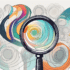 A magnifying glass hovering over a selection of colorful